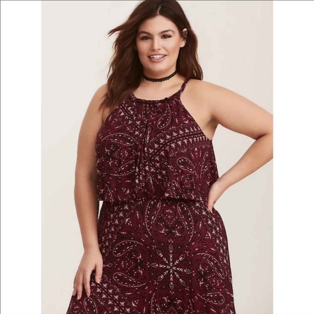๐HP๐ Torrid Drape Top Halter Neck Burgundy Maxi Dress, Size 0 - Picture 2 of 14